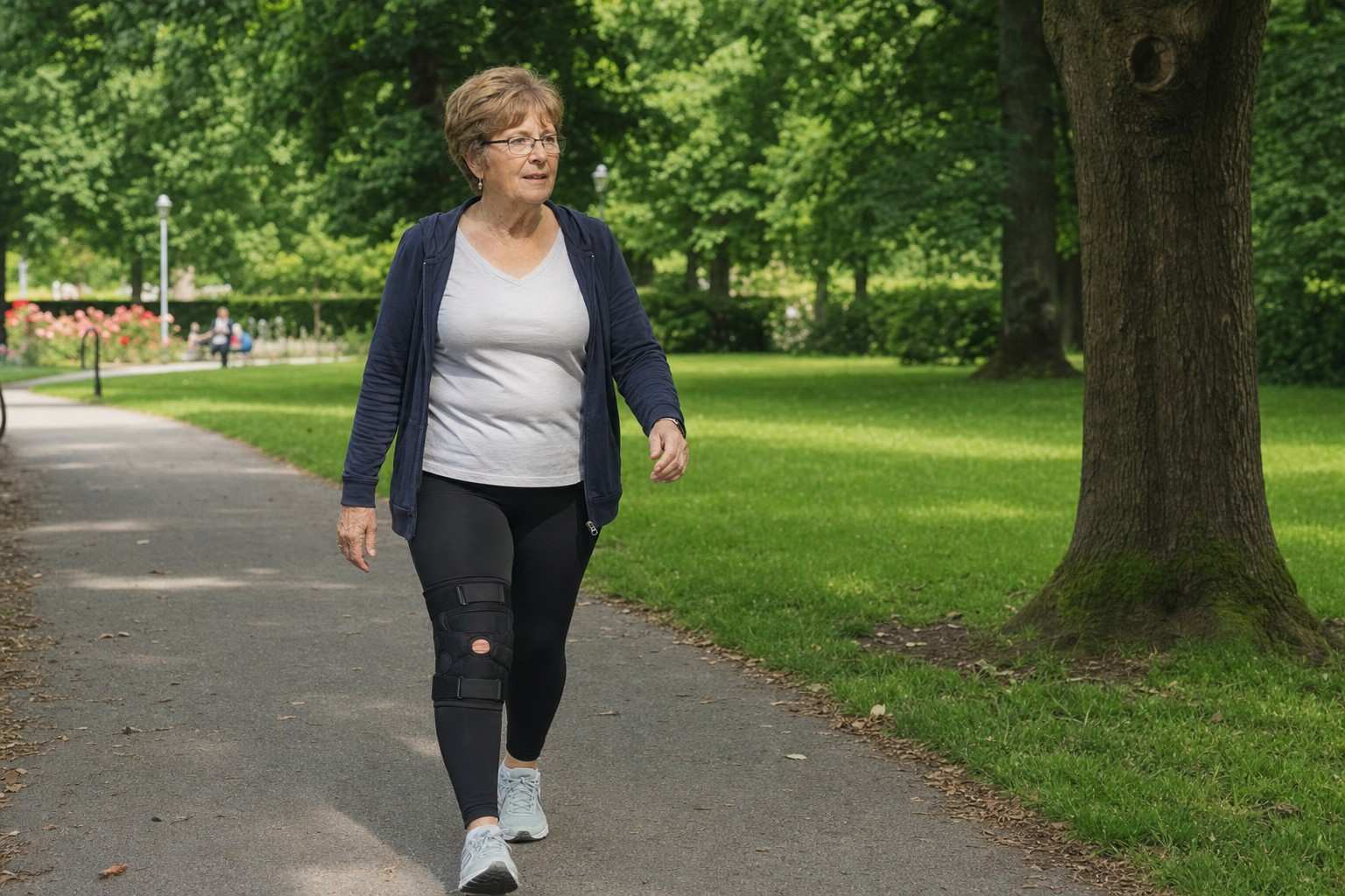 An older woman walking outdoors wearing a supportive knee brace on a park path
