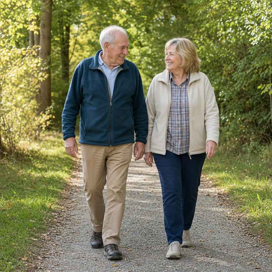 An older couple walking side by side at an easy pace along a level tree-lined trail in bright daylight