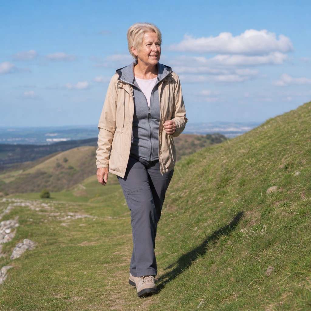 An older woman walking up a gentle grassy slope with relaxed, comfortable knee movement in clear daylight