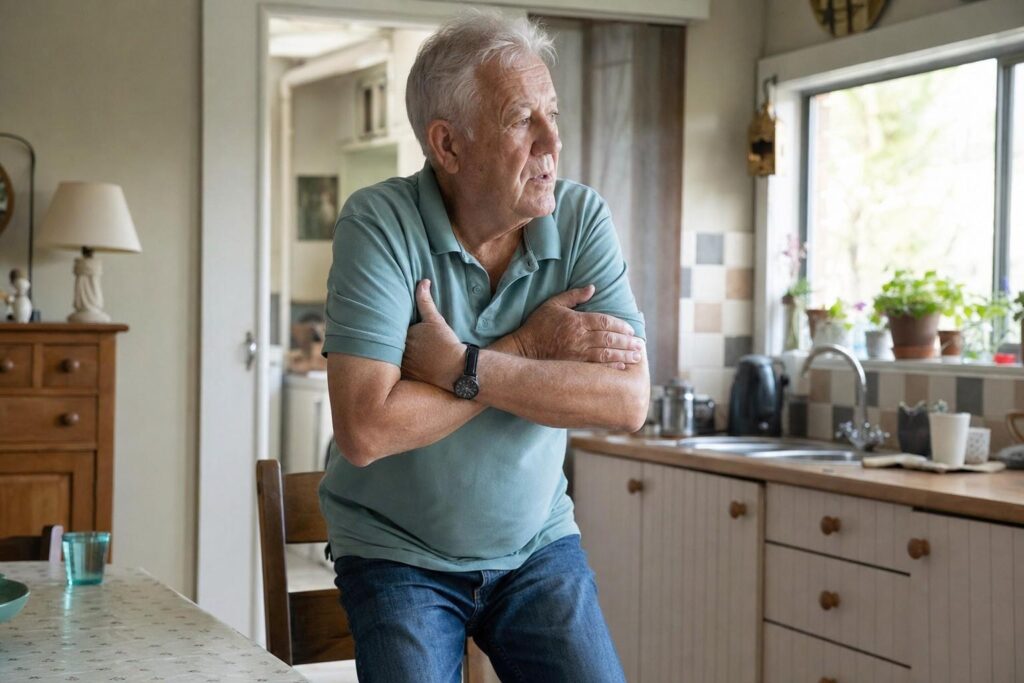 An older man rising confidently from a sturdy kitchen chair with arms crossed, daylight from a window
