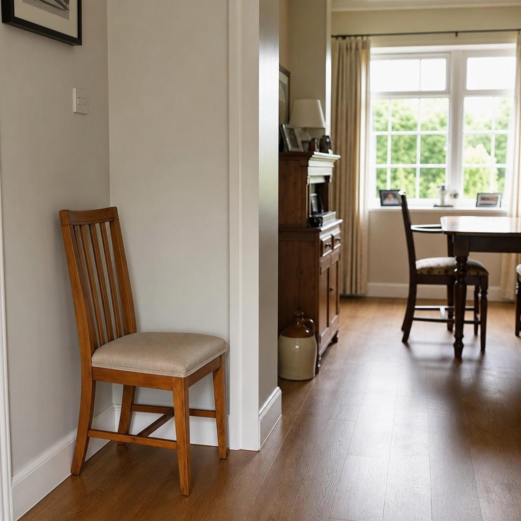 A sturdy chair placed against a wall ready for the chair stand test in a home