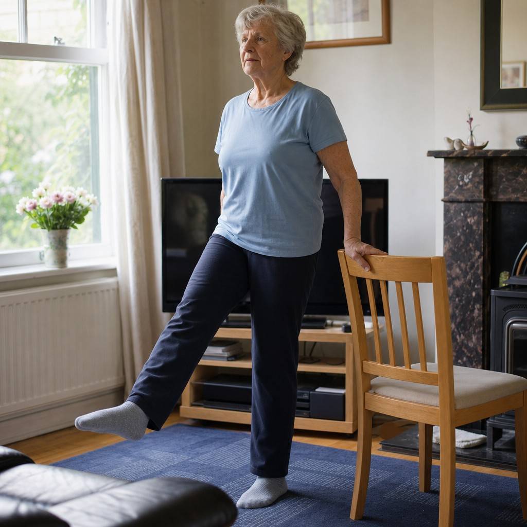 An older woman doing a gentle standing leg exercise holding the back of a chair at home