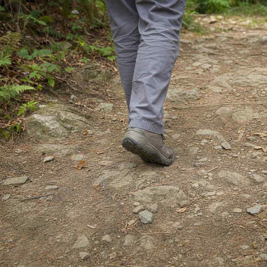 Close view of an older walker placing a foot flat and deliberately on uneven rocky ground