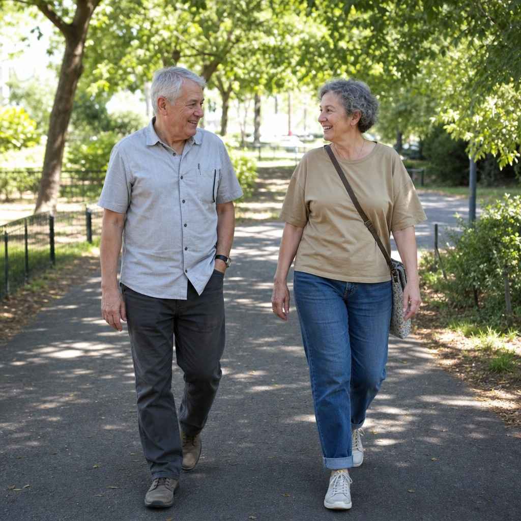 Two older friends walking together and talking on a park path in bright daylight