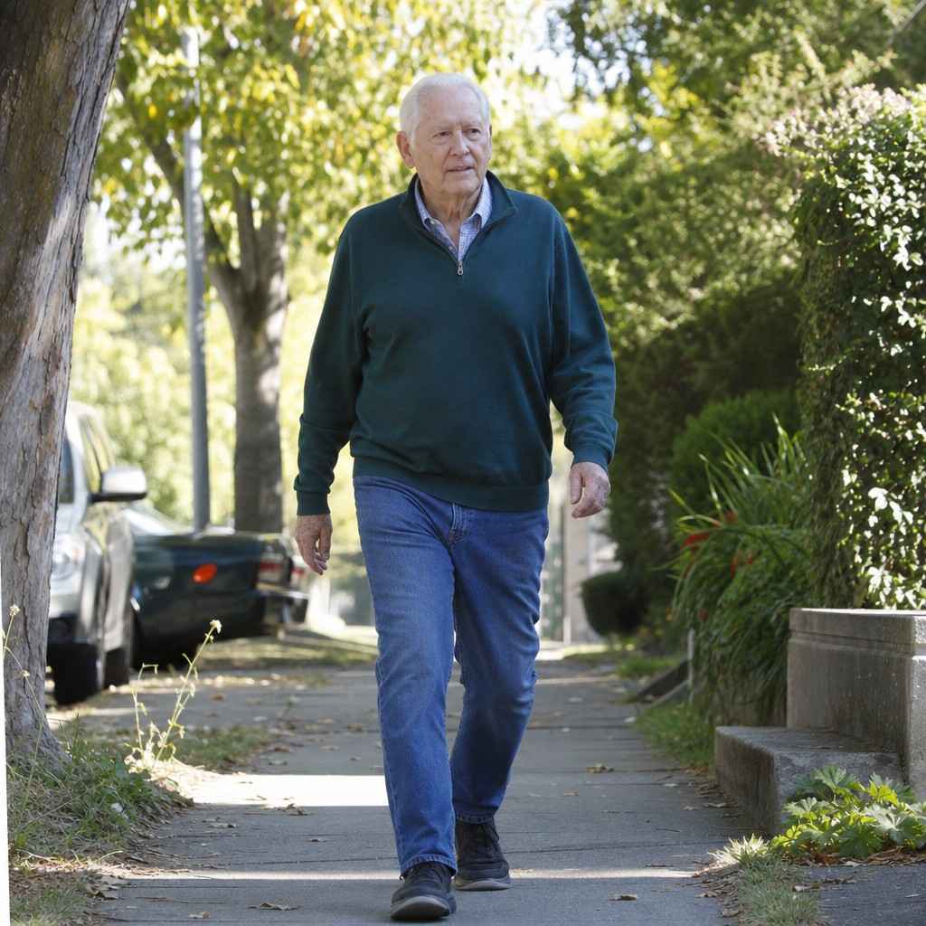 An older man walking briskly along an ordinary neighborhood sidewalk in clear morning light