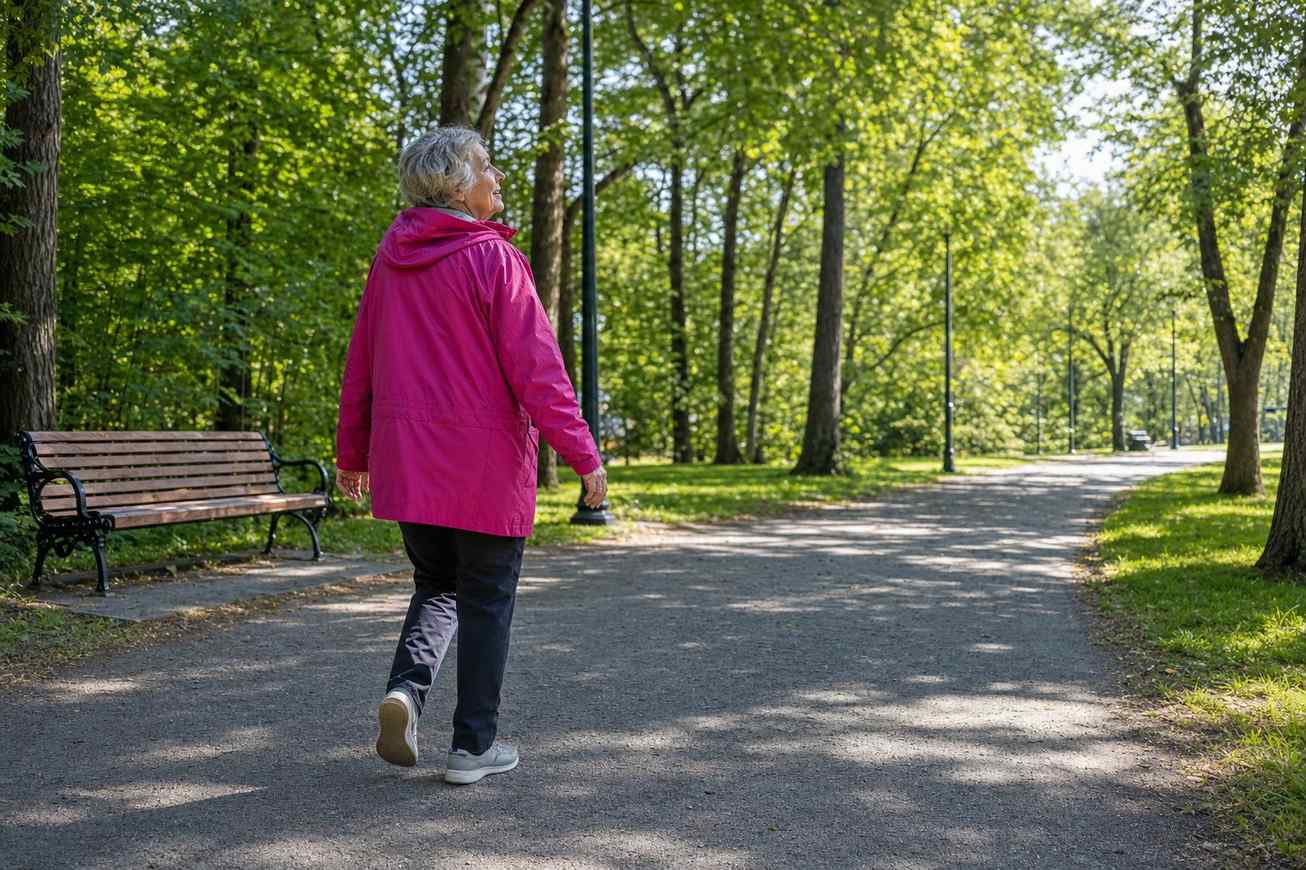 An older woman walking along a sunlit tree-lined park path on a bright clear morning, head up and looking ahead