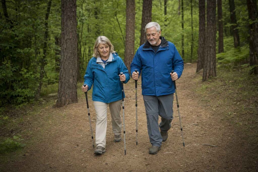 An older man and woman walking with poles on a gentle wooded trail in daylight