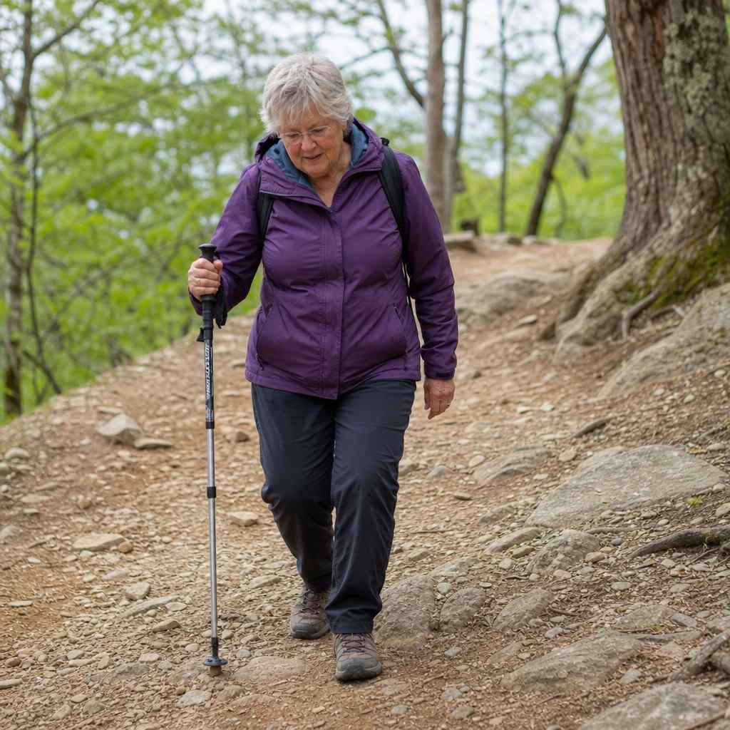 An older walker using a pole for support stepping down a gentle gravel slope
