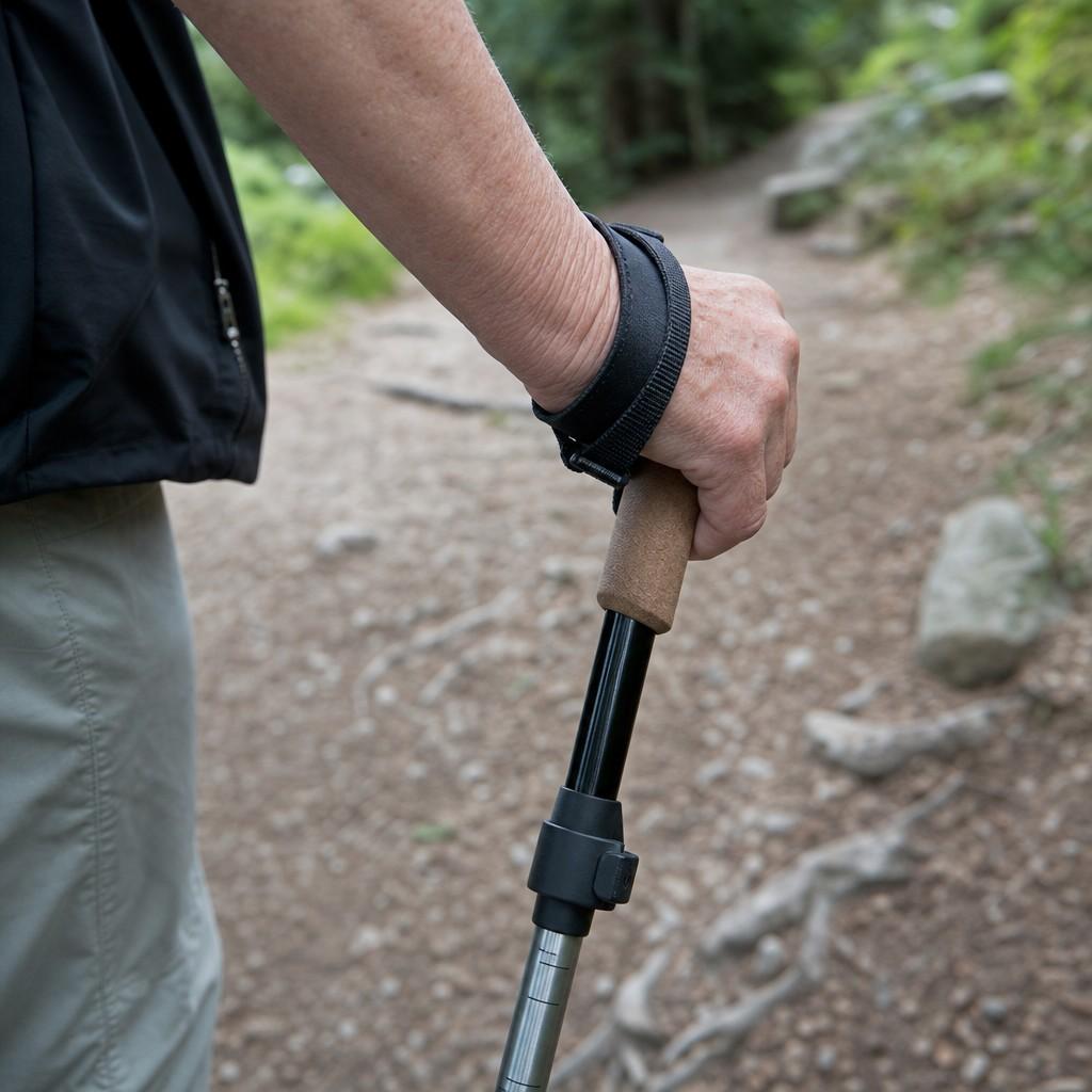 Close view of an older person's hand on the cork grip of an adjustable walking pole