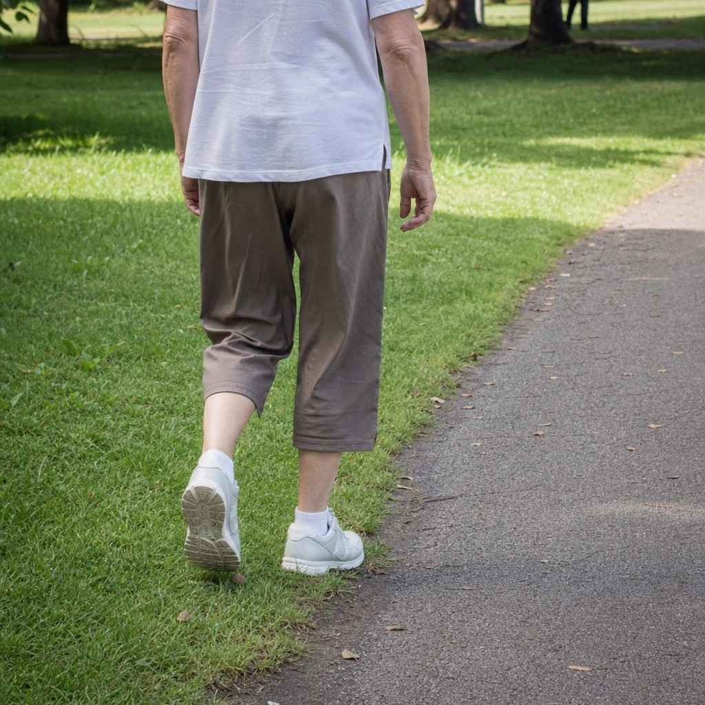 Older walker taking a gentle short stride on soft grass beside a paved path