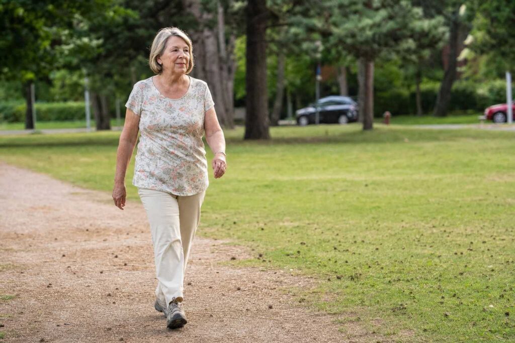 An older woman walking comfortably on a grassy park path on a bright day