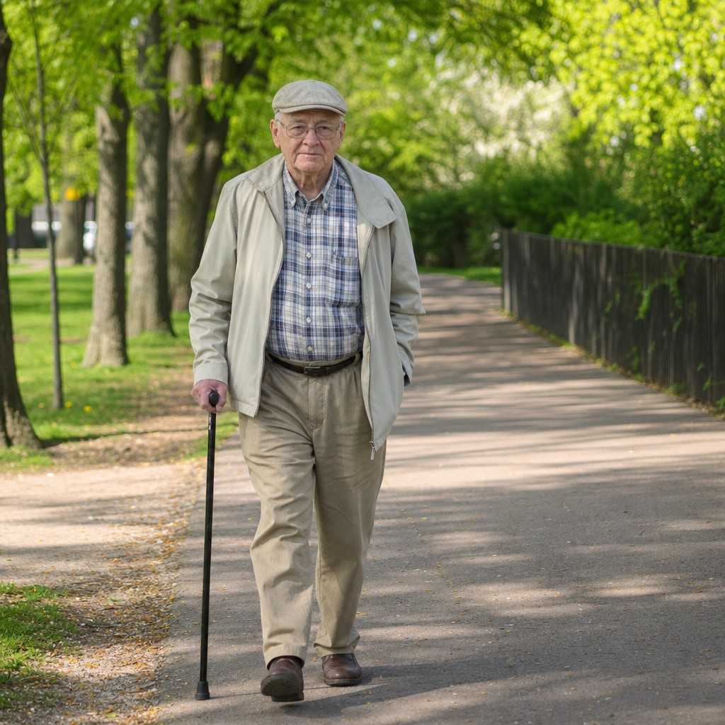 An older man walking with a cane for support along a level park path
