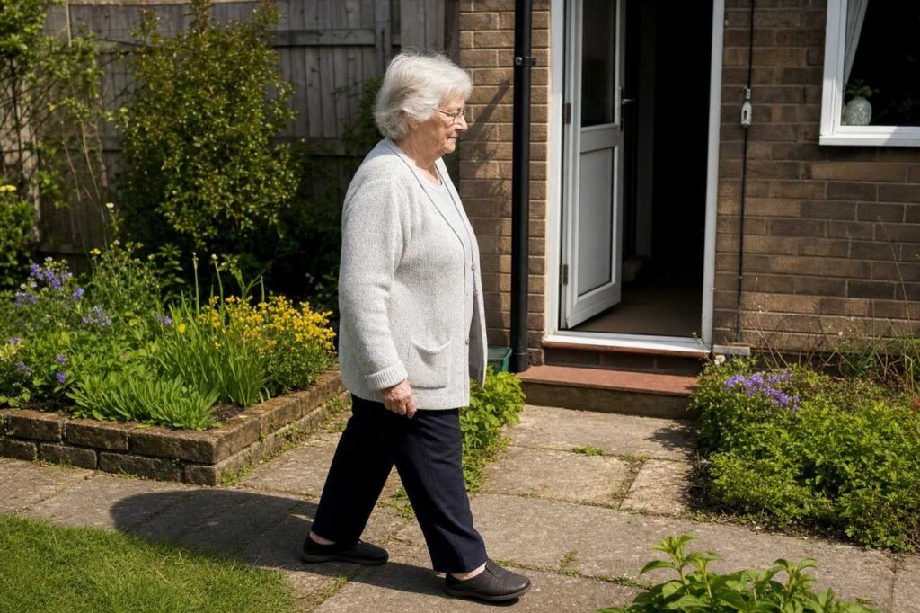An older woman taking a slow lap around her small back garden after lunch