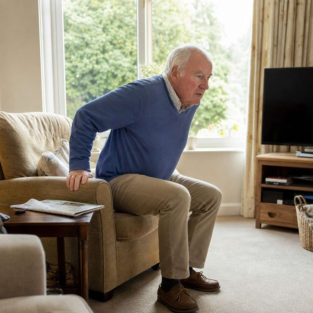 An older man rising from an armchair in a bright living room to take a short walk around the house