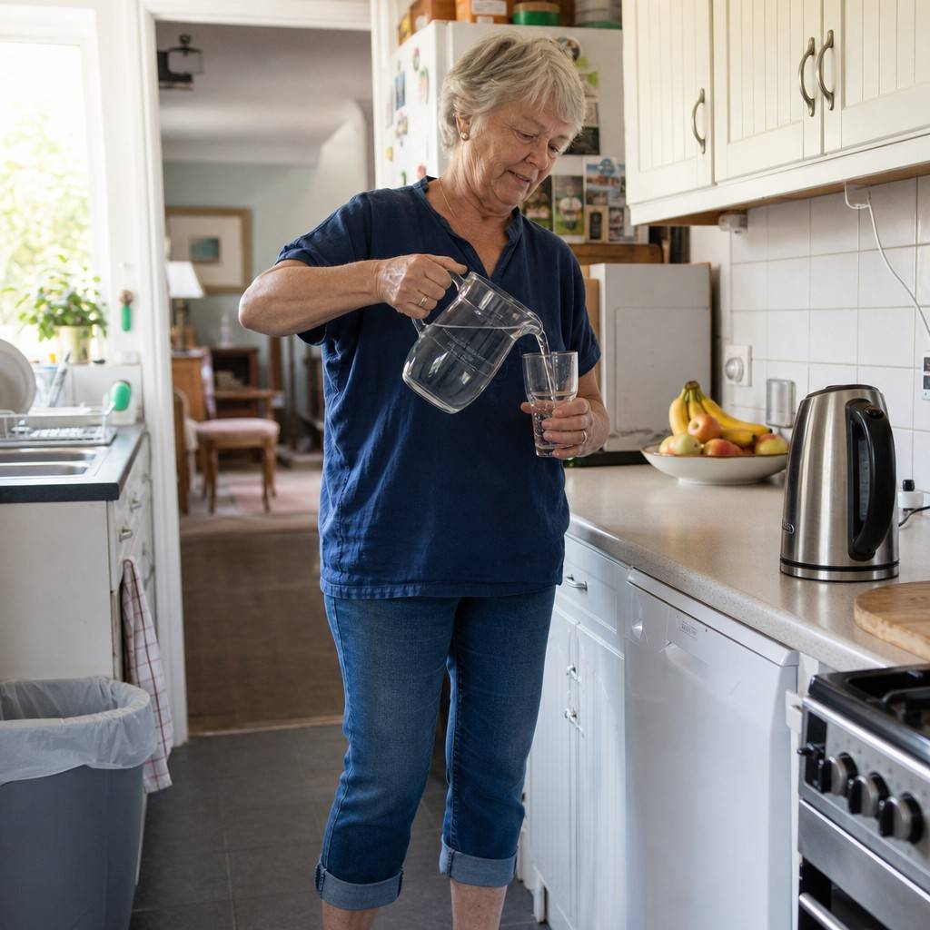 An older woman standing at her kitchen counter refilling a glass of water