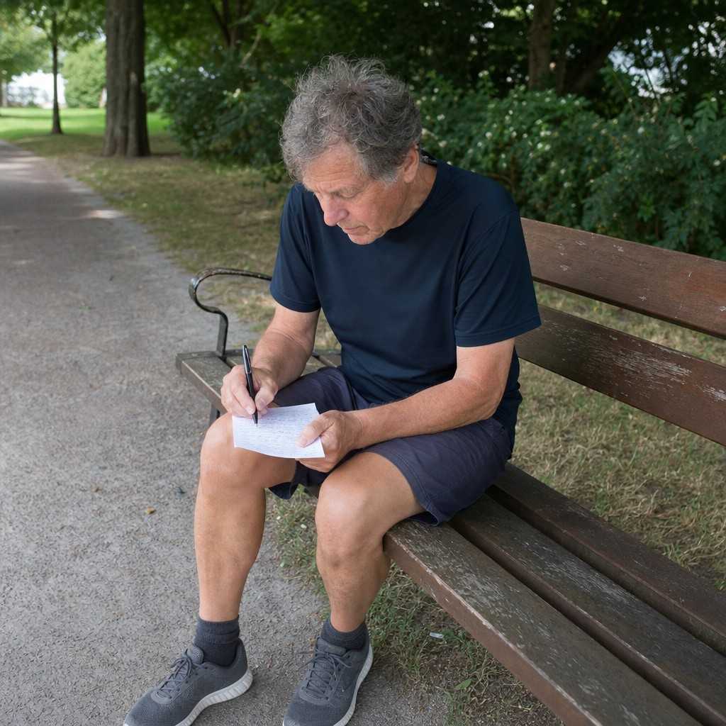 An older man sitting on a park bench just after a walk, writing a note on a folded sheet of paper