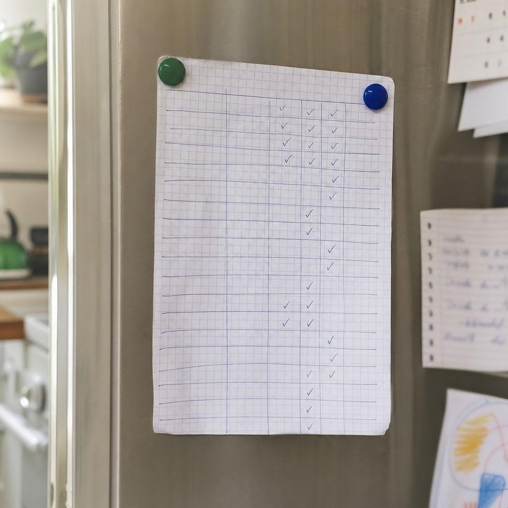 A printed walking tracker sheet held to a fridge door by magnets, with several rows already ticked off