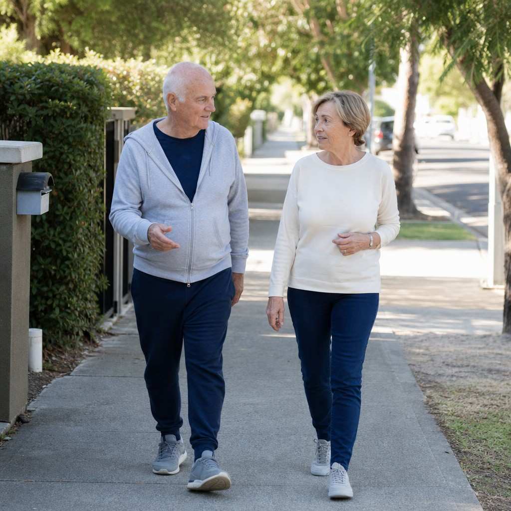 Two older friends walking and chatting comfortably on a quiet residential street