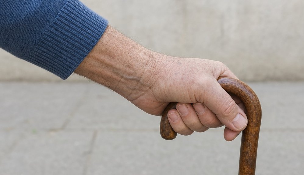 Close view of an older man's hand closed around the curved handle of a walking cane, the top of the handle level with the crease of his wrist