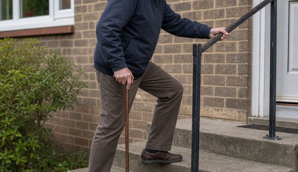 An older man climbing a short flight of outdoor steps, one hand on the handrail and a walking cane in the other