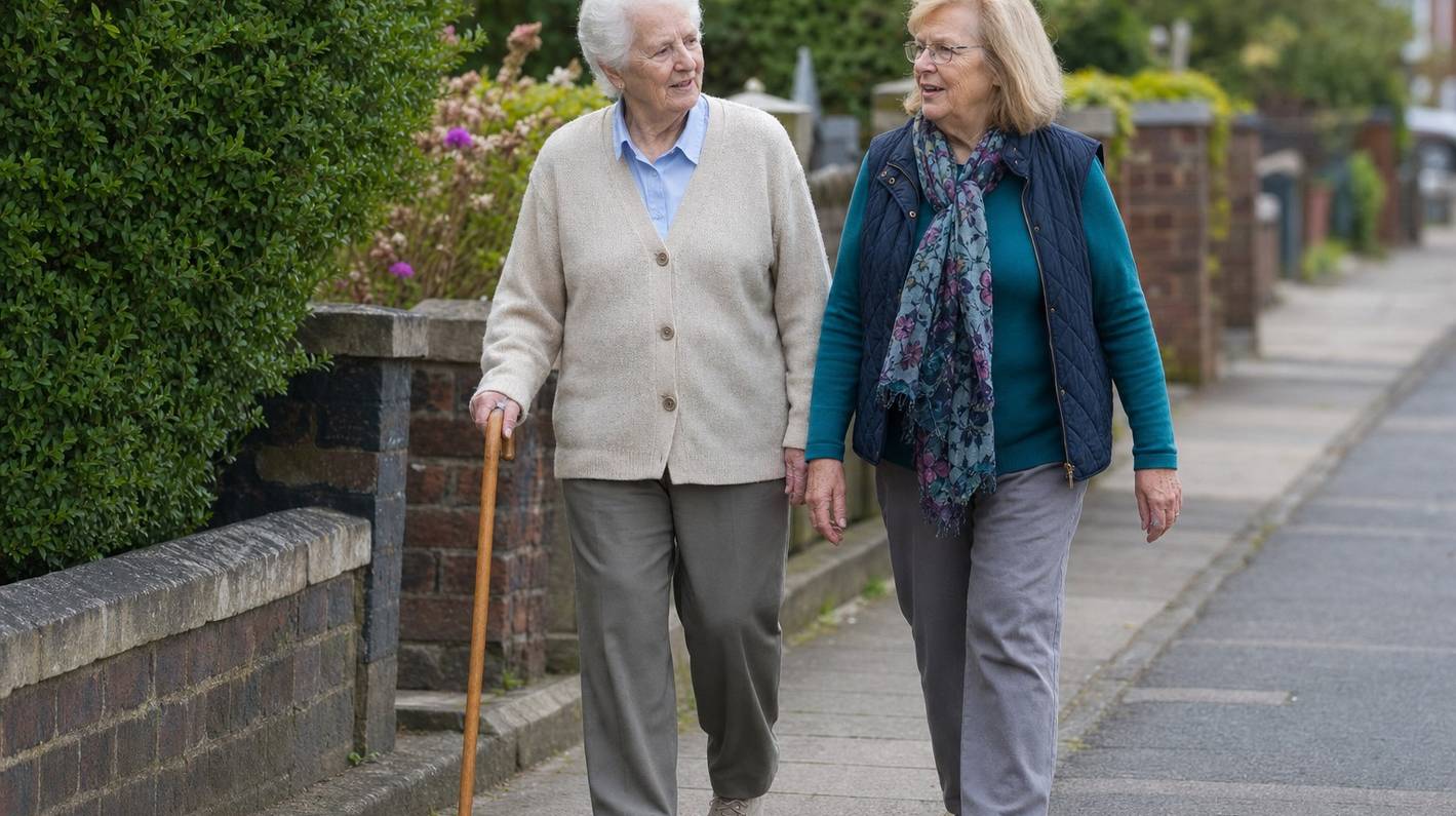 An older woman walking along a suburban sidewalk with a single walking cane, a friend strolling beside her