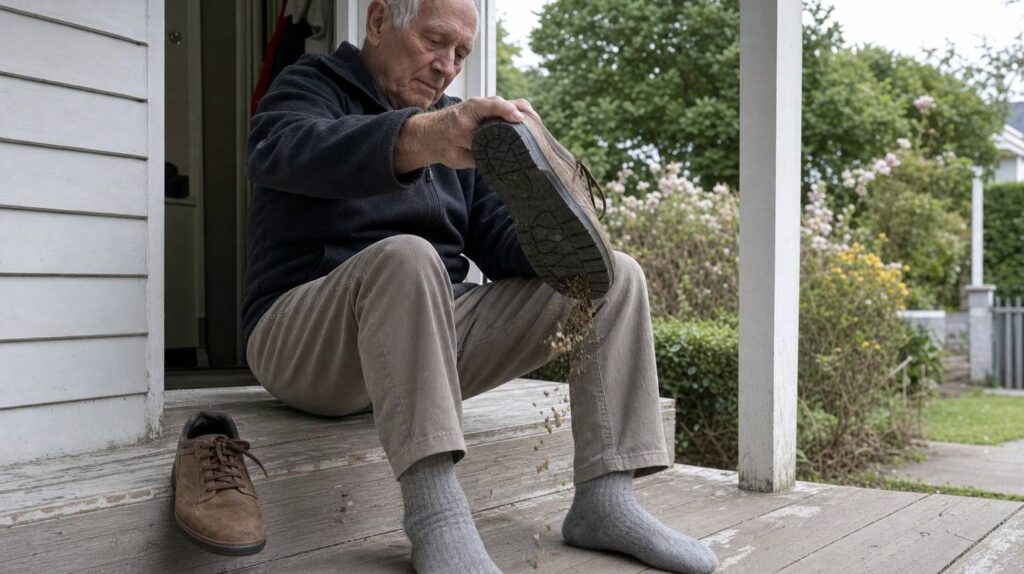 An older man sitting on a porch step tipping a walking shoe upside down to shake it out before putting it on