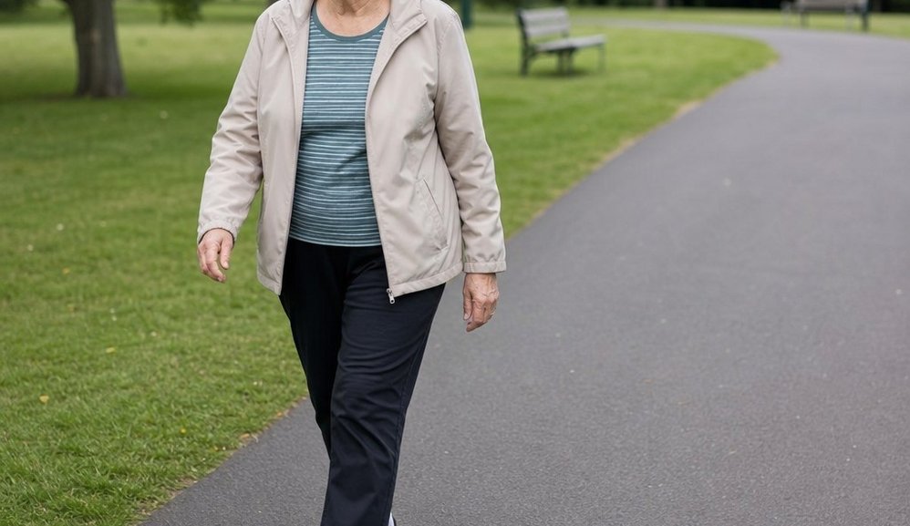 An older woman walking steadily along a smooth even paved path in bright daylight