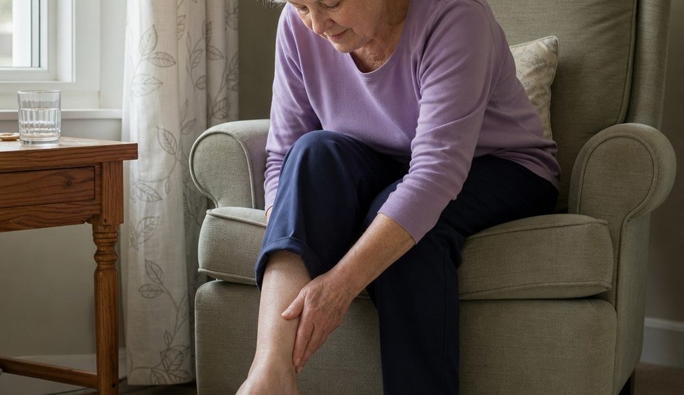 An older woman seated in an armchair with one bare foot resting on a low stool, leaning forward to look closely at it