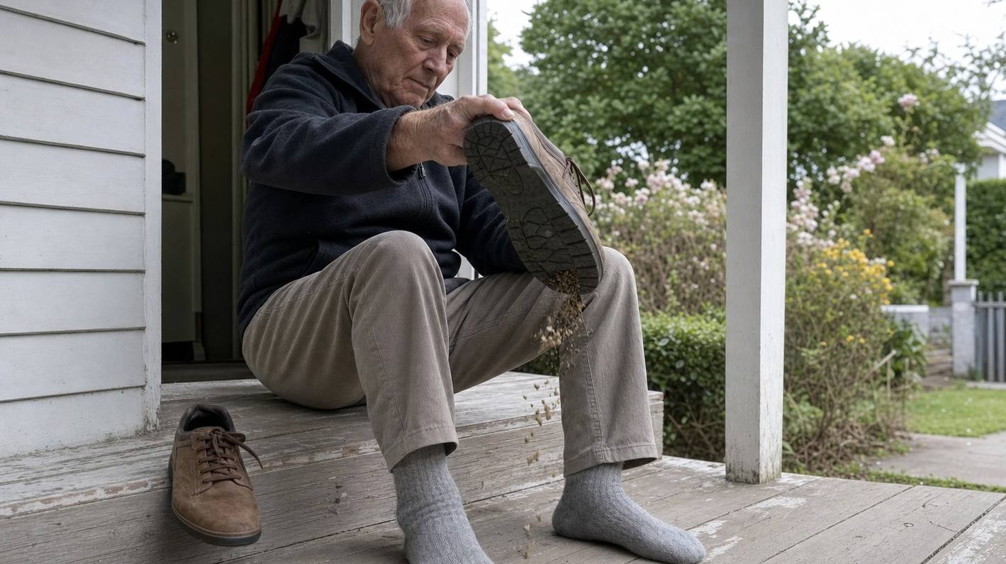 An older man sitting on a porch step tipping a walking shoe upside down to shake it out before putting it on