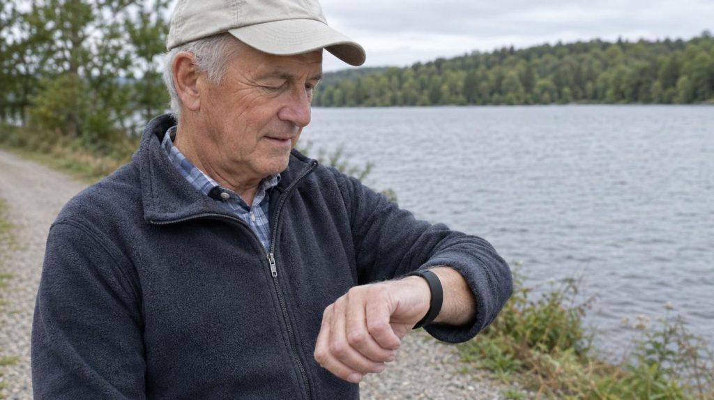 A man in his late sixties glancing at a plain black fitness band on his wrist during a walk along a lakeside path