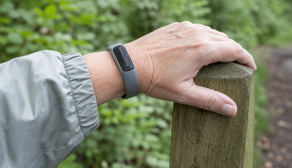 Close view of an older woman's wrist wearing a plain fitness band, her hand resting on a walking trail sign post