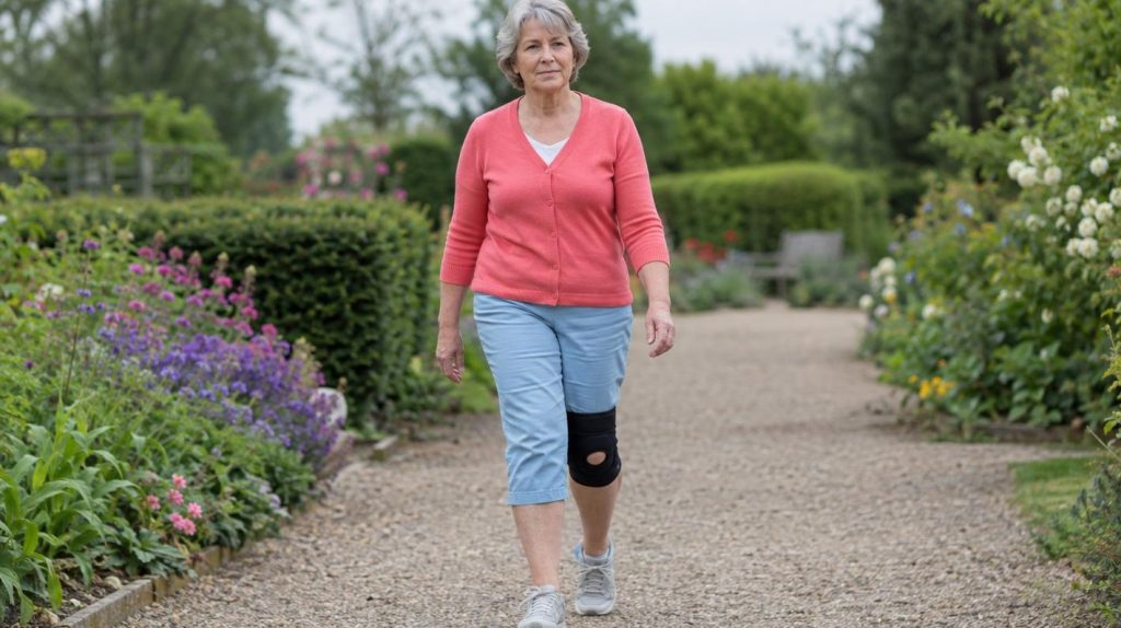 A woman in her sixties walking along a flat garden path in capri trousers, a plain black knee support on one knee