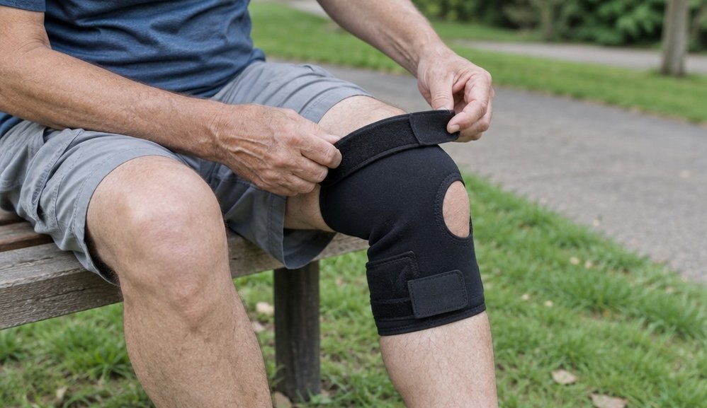A seated older man adjusting the strap of a plain black knee support on a park bench