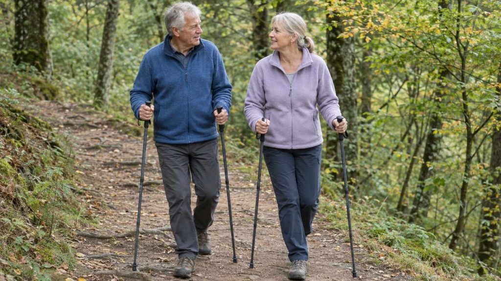 Two walkers in their sixties climbing a gentle woodland path side by side, each planting a pair of plain trekking poles