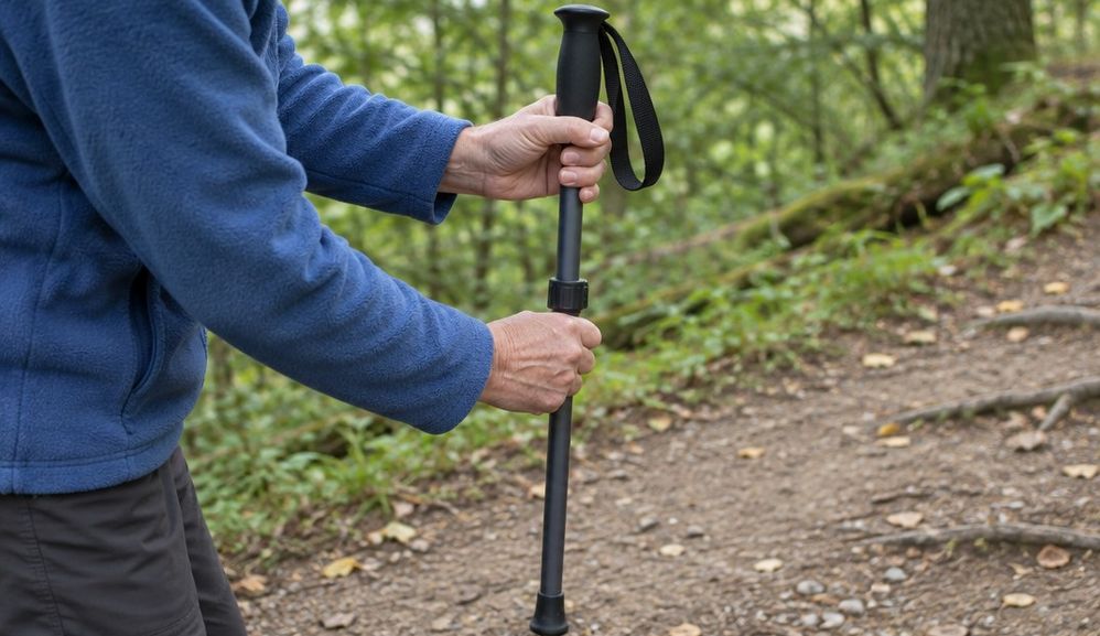 A walker's hands twisting the lock of a plain trekking pole to set its length, the tip resting on a dirt path