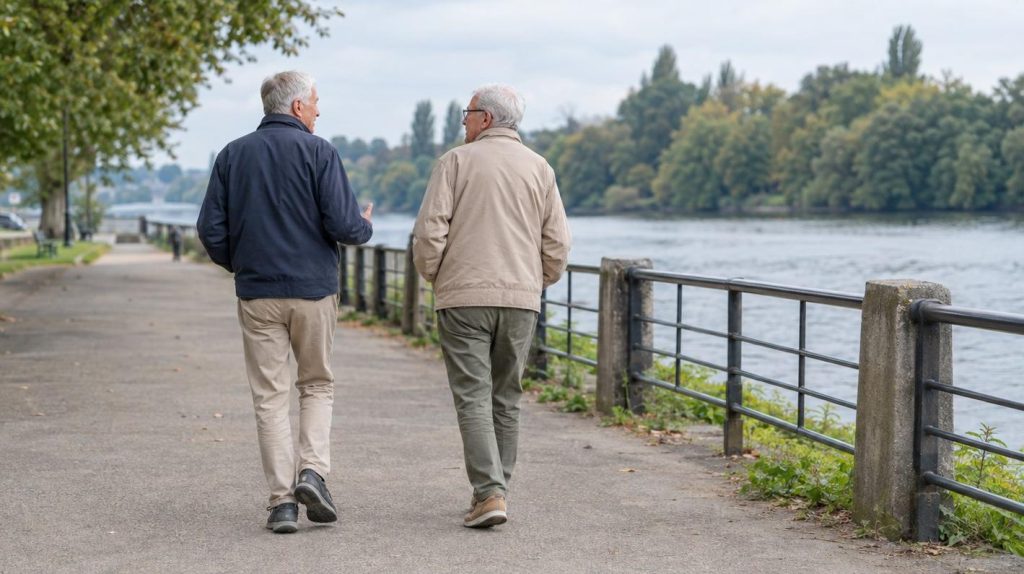 Two men in their sixties walking away along a paved riverside path in plain walking shoes