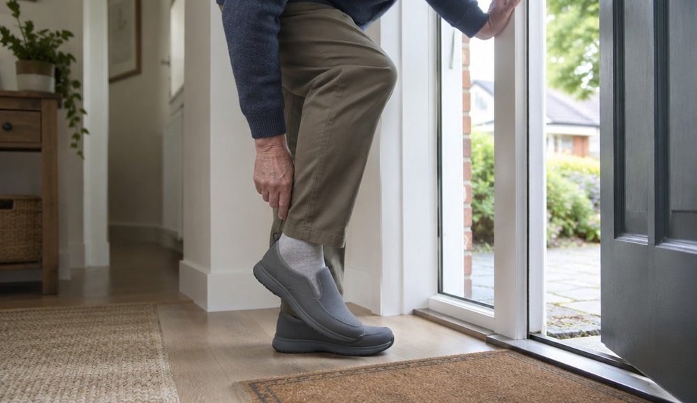 A man in his sixties sliding his foot into a plain slip-on walking shoe by a front door