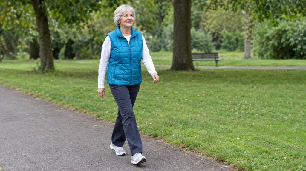 A woman in her sixties walking briskly toward the camera along a paved park path in plain no-brand walking shoes