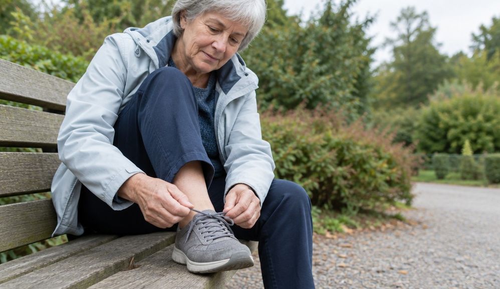 An older woman seated on a park bench tightening the laces of a plain walking shoe