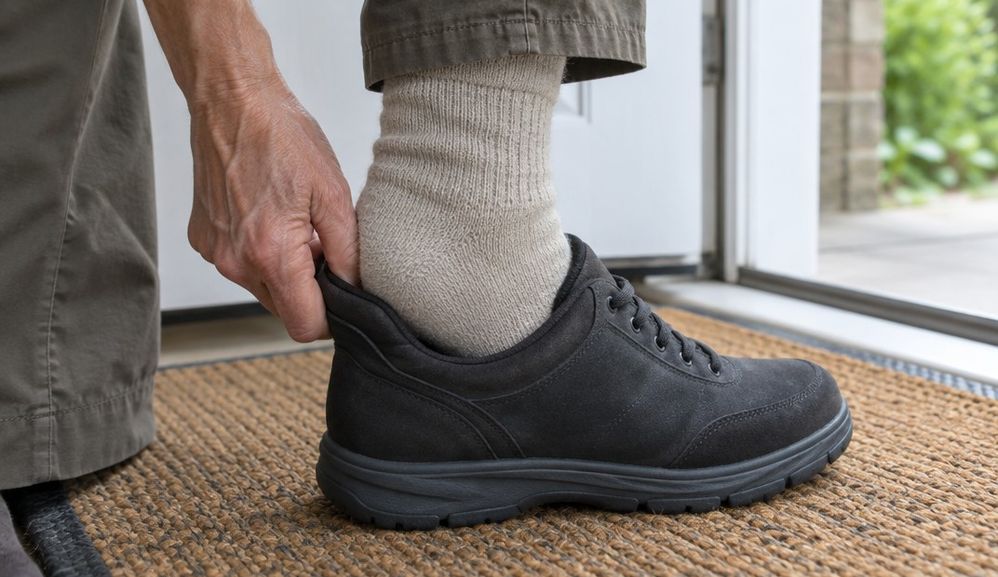 Close view of an older walker's heel in a plain cushioned sock sliding into a plain walking shoe on a hallway floor mat