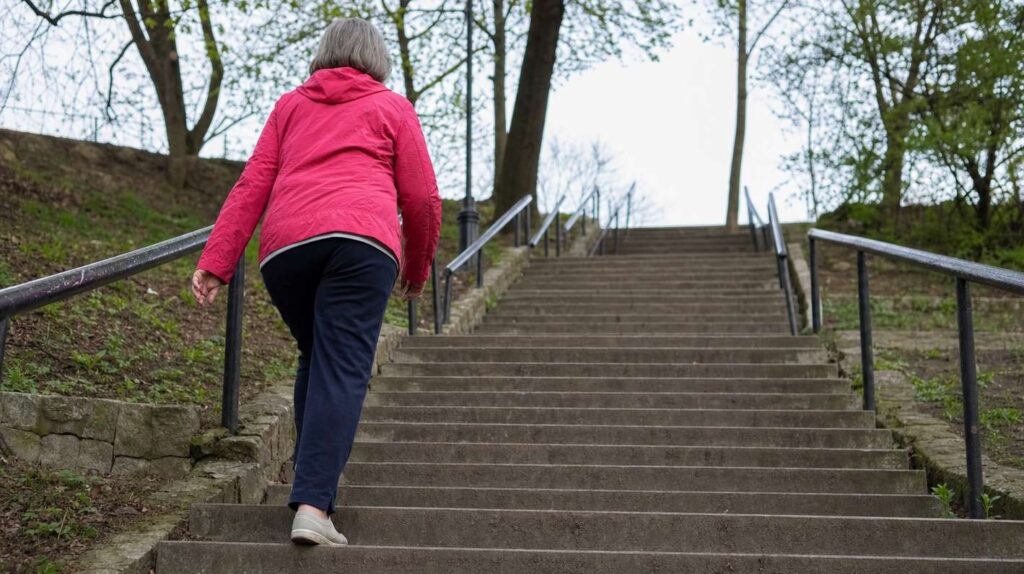 An older woman climbing a flight of outdoor park steps in daylight, seen from below