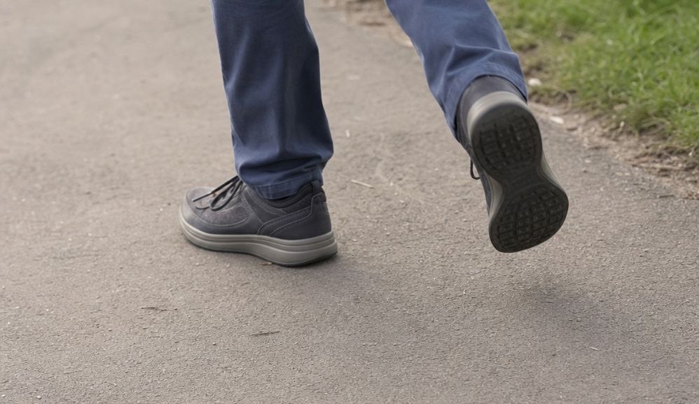 Lower-body view of an older walker taking a firm heel strike on a paved path