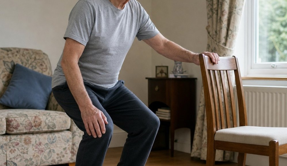An older man doing a bodyweight squat holding a chair back in a plain living room