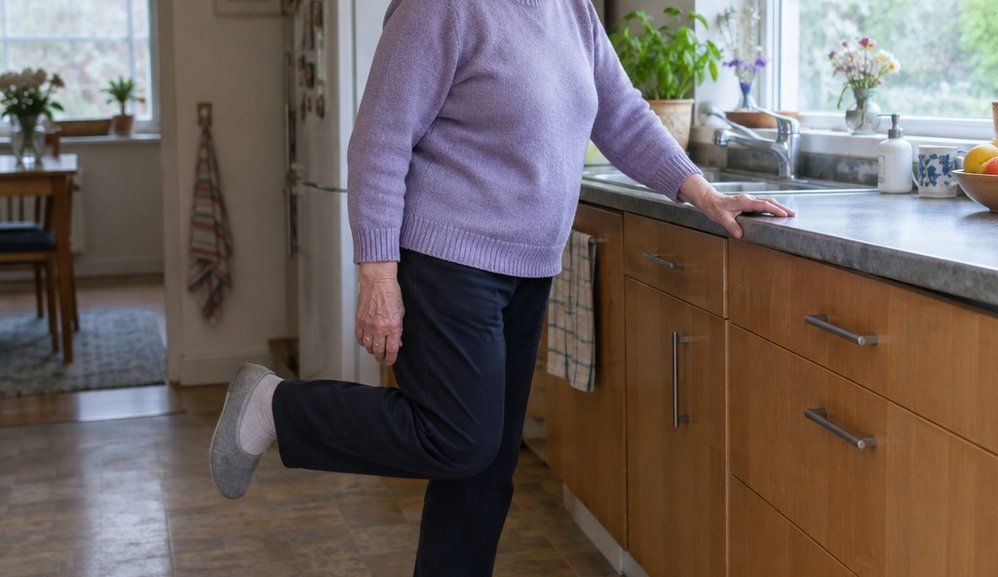 An older woman balancing on one foot while holding the edge of a kitchen counter