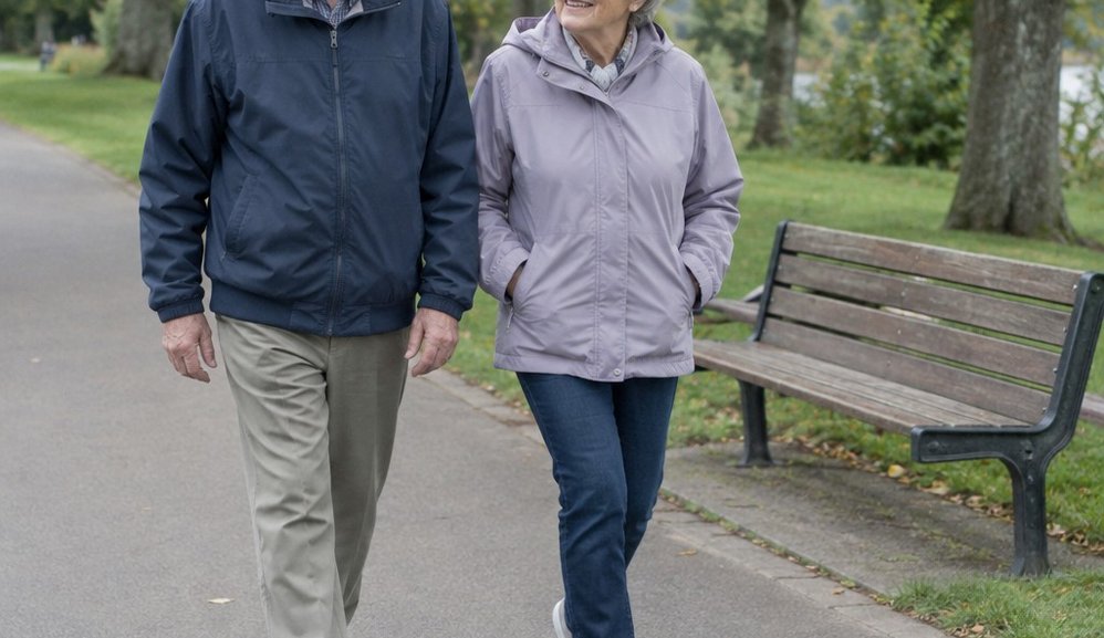 Two older adults walking on a flat paved park path past a bench