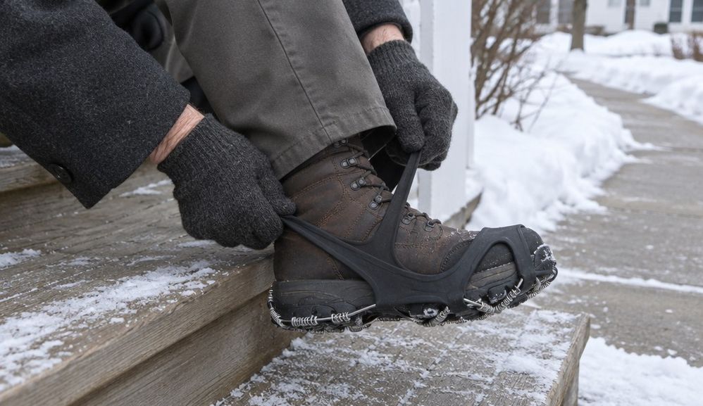 Close view of an older man's hands stretching a plain black rubber traction cleat over the heel of a winter boot while seated on a porch step