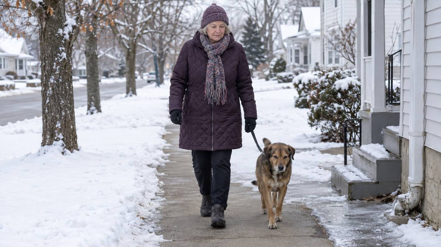 An older woman walking toward the camera on a snowy small-town sidewalk with a dog on a leash, patches of ice and bare concrete on the pavement