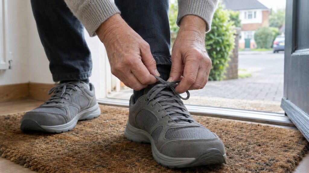 Close view of an older person's hands tying the laces of plain walking shoes on a doormat by an open front door in morning light
