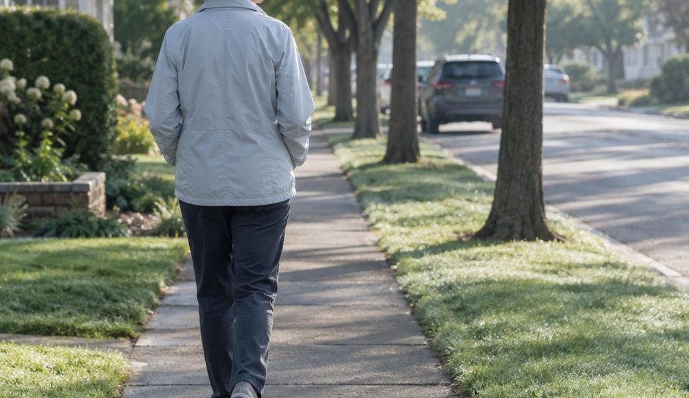 An older woman walking alone along a quiet tree-lined residential street in the early morning, hands in her jacket pockets