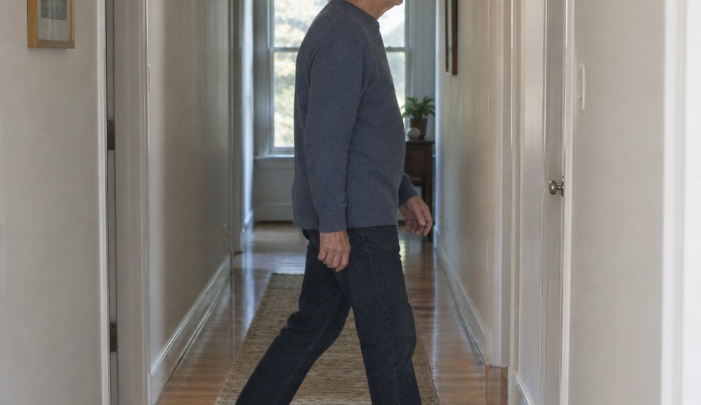 An older man walking laps down a long indoor hallway at an easy pace